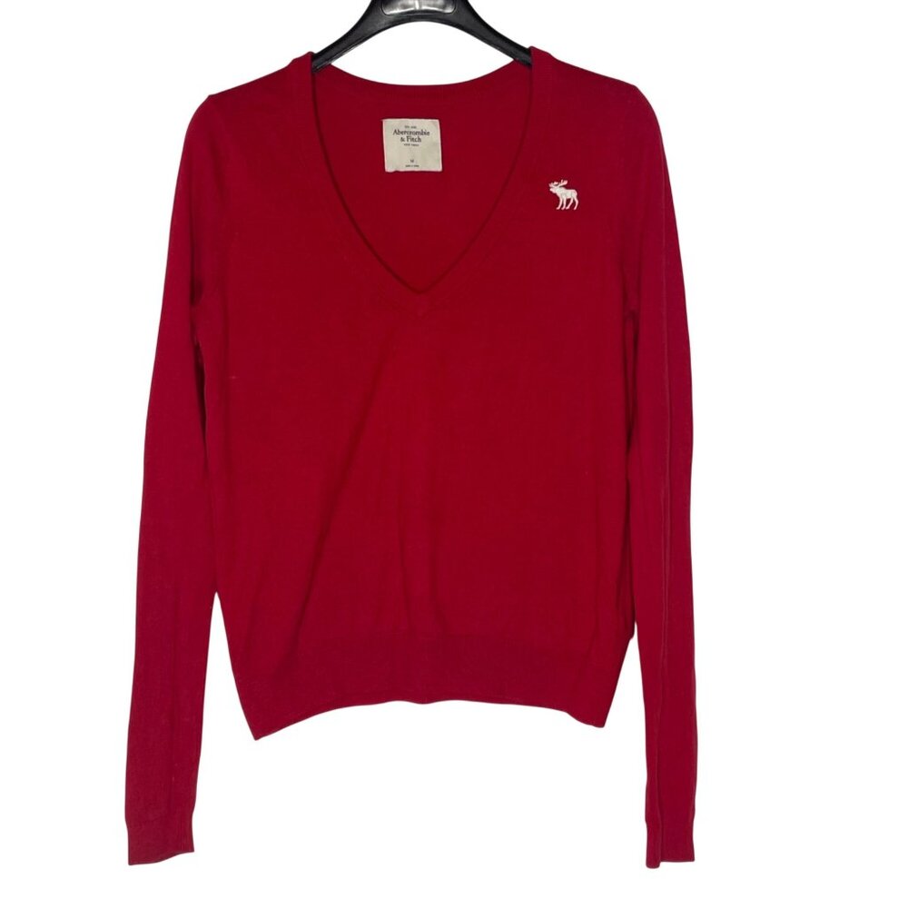 Abercrombie & Fitch Moose Embroidered Sweater Sz MED Extra Long Sleeves Preppy